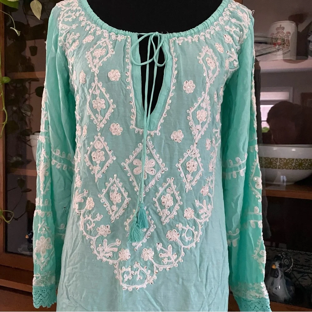 MELISSA ODEBASH Kaftan/Beach Dress Embroidered Mint Green - Picture 2 of 8